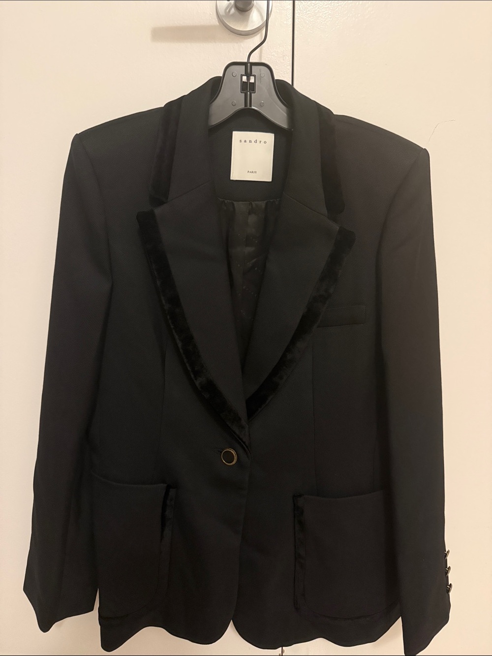 (NWT) Sandro Elna Black Velvet-Trim Single-Button Blazer Jacket - Picture 3 of 6